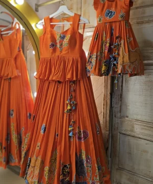 Mom & Daughter Orange Kalamkari Lehenga Set