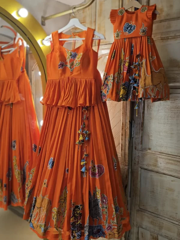 Mom & Daughter Orange Kalamkari Lehenga Set