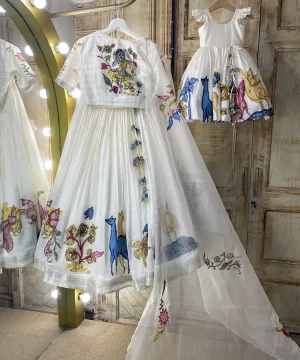 Mom & Daughter White Kalamkari Lehenga Set