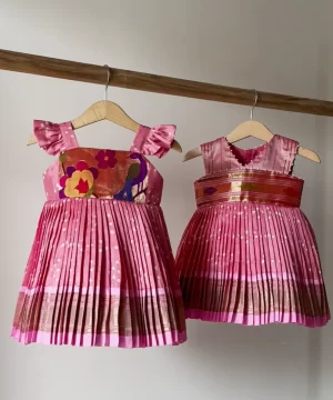 Peach Pink Paithani Bandhini Twinning Frocks
