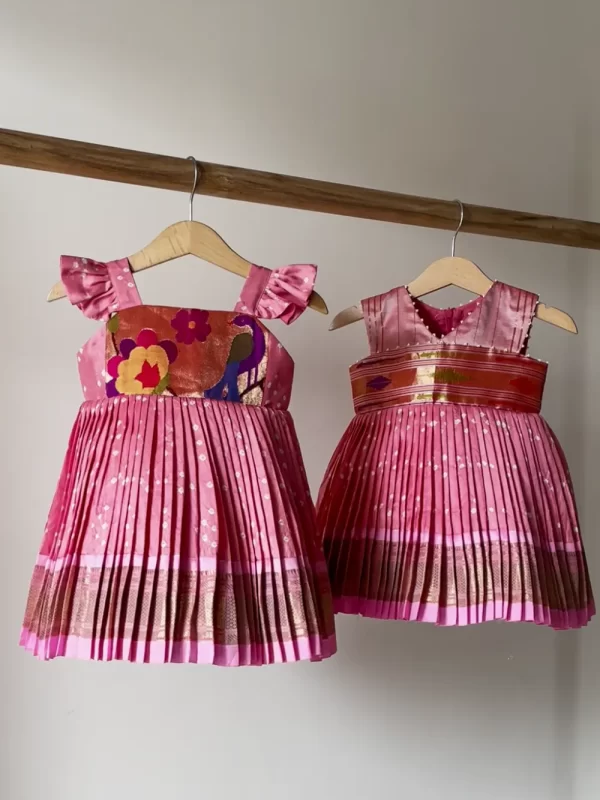 Peach Pink Paithani Bandhini Twinning Frocks