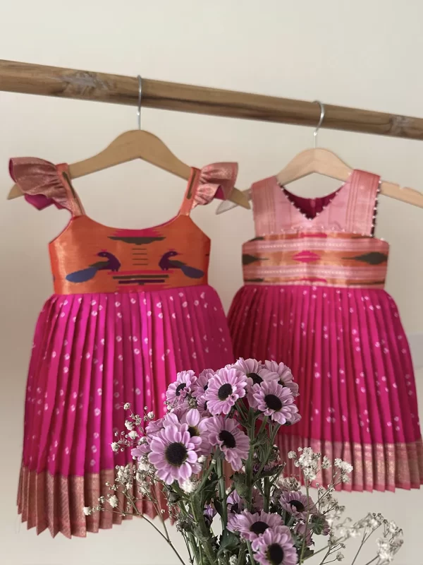 Pink Paithani Bandhini Twinning Frocks