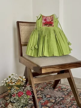 Pista Green Paithani Baby Frock