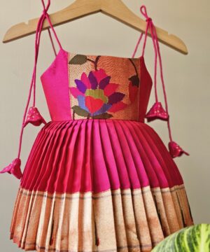 Rani Pink Pure Silk Paithani Frock with Adjustable Strings (0–6 Months)