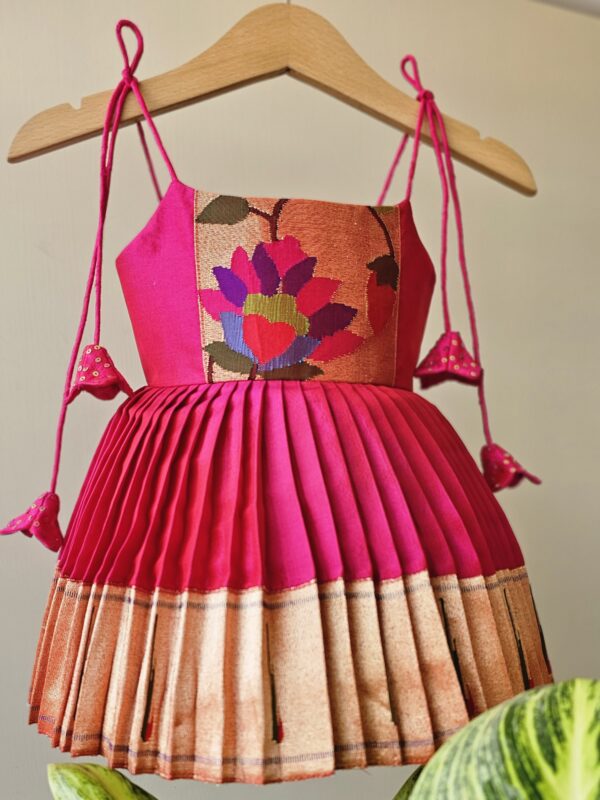 Rani Pink Pure Silk Paithani Frock with Adjustable Strings (0–6 Months)